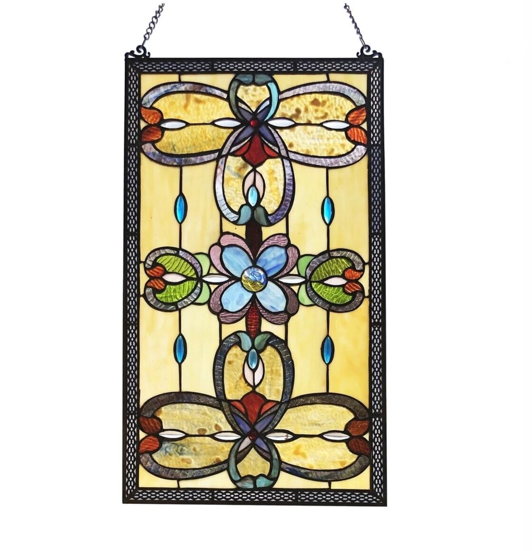 26" Stained Glass Window Hanging Panel Suncatcher: 26" x 15". These captivating reproduction tiffany-style stained glass pieces are crafted using the exact technique pioneered by the renowned artist Louis Comfort Tiffany in the early 1900s. Every hand