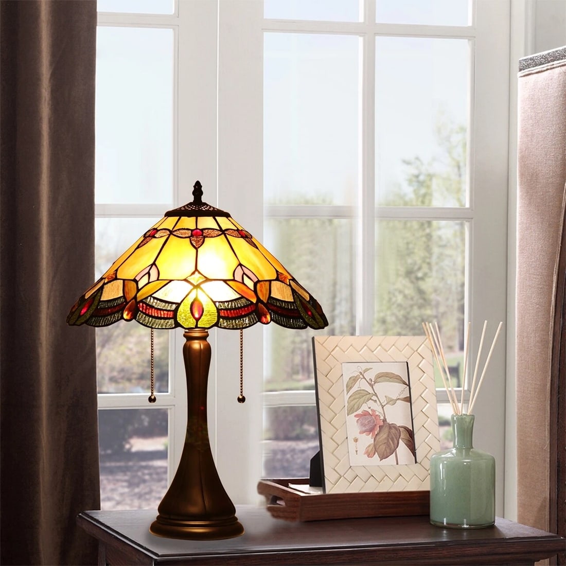 21.3" Amber Cream Colored Stained Glass Table Lamp - 7