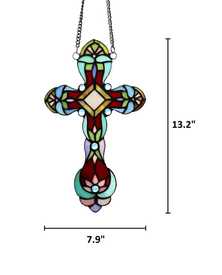 13.2" Stained Glass Cross Window Hanging Panel Suncatcher - 3