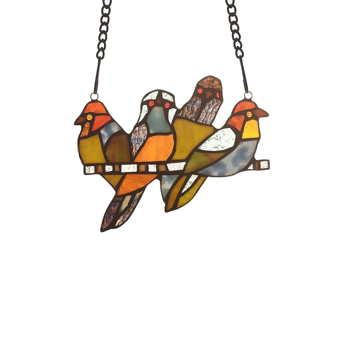 8" Folk Art Bird Stained Glass Window Hanging Panel Suncatcher: Description. 8" Wide x 6.1" tall. Great reproduction glass panel with 4 birds. This piece is hand made from individually cut pieces of glass. The techniques used to make this panel were developed by