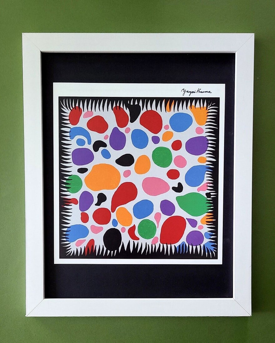 Yayoi Kusama | 1990's Artistic Pop Art Print Signed | Mounted and Framed |: Up for Sale this Beautiful and Scarce Vintage Offset Lithograph After Yayoi Kusama Facsimile Signed in Ink. This piece is mounted on a 11 x 14 in. black acid free black board. Framed in White covering