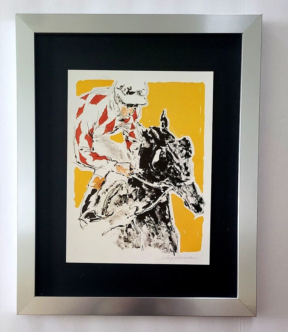 LeRoy Neiman " THE JOCKEY " Signed Pop Art Mounted and Framed in New 11x14: Beautiful and Scarce Original 1991 Print After Leroy Neiman " THE JOCKEY " Signed on the Plate This piece is mounted on a 11 x 14 in. black acid free premium black board. Framed covers an area of 15x1