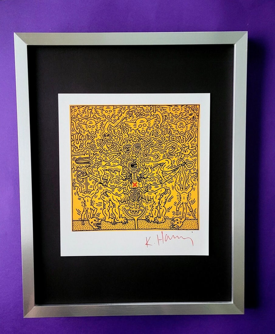 Keith Haring | Vintage Print Signed | Mounted & Framed in Silver: Up for Auction this Beautiful and Scarce Vintage 1989 Offset Lithograph after Keith Haring Facsimile Signed Art Print is about 8 X 8 in. This piece is mounted on a 11 x 14 in. black acid free black bo