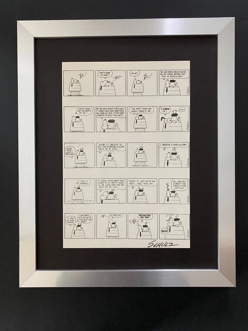 Charles Schulz + Signed Vintage 1968 Peanuts Snoopy Cartoon + New Silver Frame: Up for Sale this Beautiful Vintage 1968 Offset Lithograph after CHARLES M. SCHULTZ " Peanuts Cartoon " Facsimile Signed in ink Art Print is about 11.2 x 8.4in This art print is mounted on a 14 x 11 in