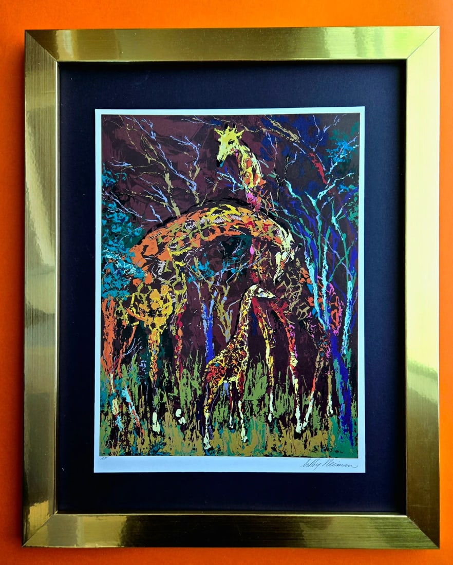 LeRoy Neiman "GIRAFFE FAMILY " Signed Pop Art Collector Piece Framed: Beautiful and Scarce Original 1991 Print After Leroy Neiman " GIRAFFE FAMILY " Signed on the Plate This piece is mounted on a 11 x 14 in. black acid free premium black board. Framed covers an area of 