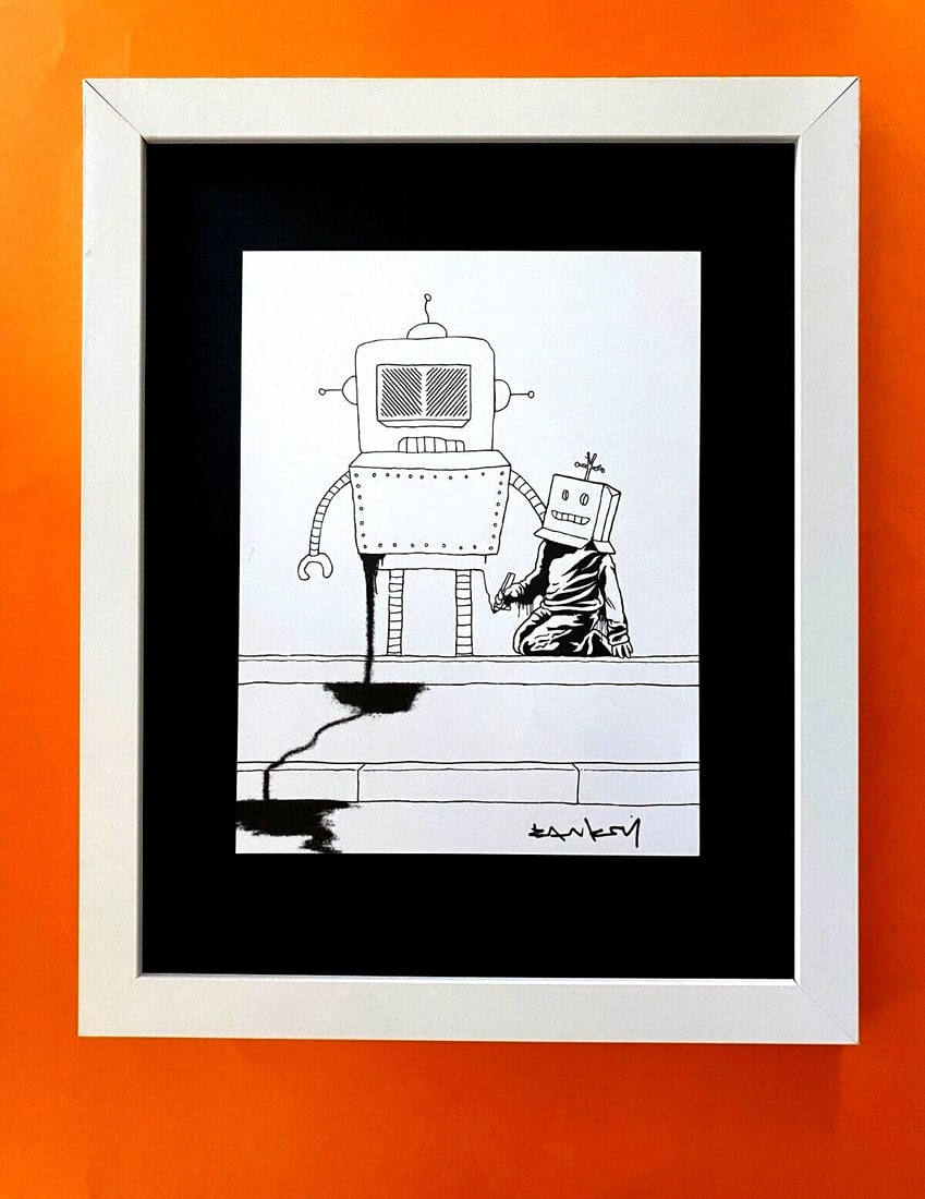BANKSY + SIGNED GRAFFITI PRINT " THE ROBOTS " + NEW FRAME: Beautiful and Scarce Print BANKSY Facsimile Signature in Ink Art Print is about 8 X 8 in. This piece is mounted on a 11 x 14 in. black acid free premium black board. Framed covers an area of 15x12in.