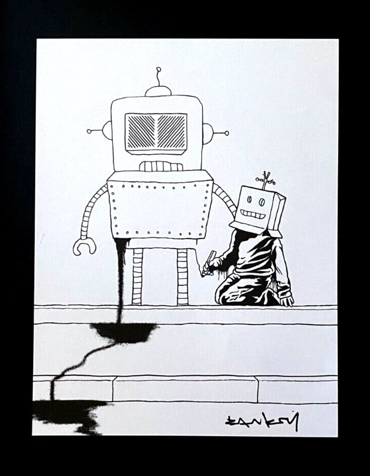 BANKSY + SIGNED GRAFFITI PRINT " THE ROBOTS " + NEW FRAME - 2