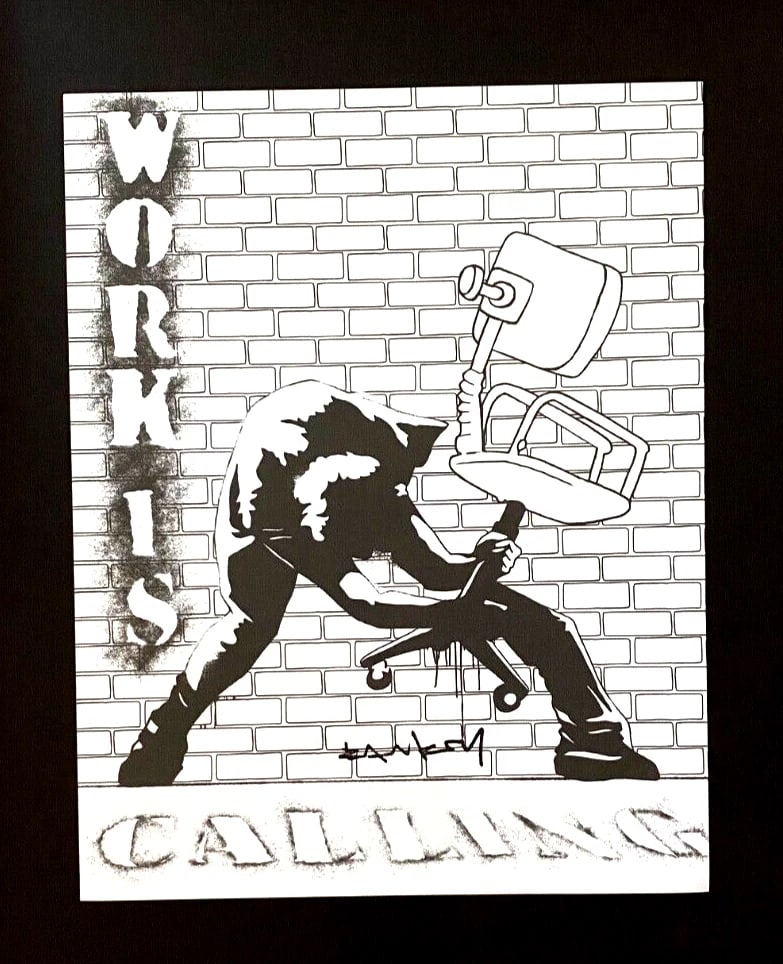 BANKSY + SIGNED GRAFFITI PRINT " WORK IS CALLING " + NEW FRAME - 2