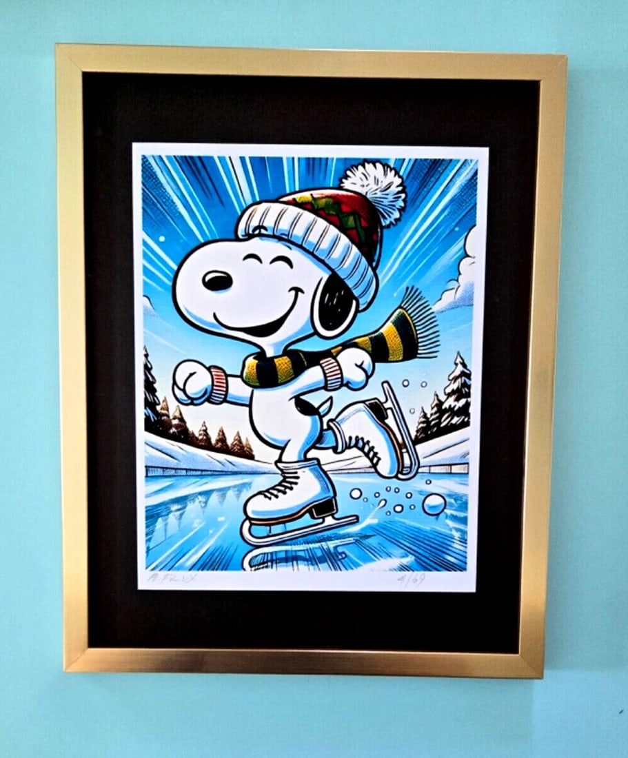 AIDAN FLUX Hand Signed Authentic Print 14x11in. Framed Snoopy Ice Skating | COA: This is a one-of-a-kind Hand Signed Authentic Giclee by AIDAN FLUX. From his Series "American Icons" The artist has created a stunning piece of art that features a powerful message about women's empow