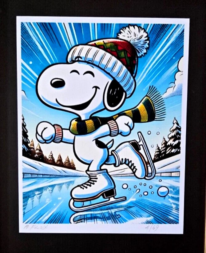 AIDAN FLUX Hand Signed Authentic Print 14x11in. Framed Snoopy Ice Skating | COA - 3