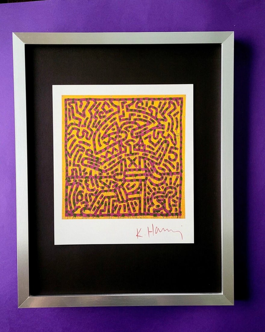 Keith Haring | Vintage Print Signed | Mounted & Framed in Silver: Up for Auction this Beautiful and Scarce Vintage 1989 Offset Lithograph after Keith Haring Facsimile Signed Art Print is about 8 X 8 in. This piece is mounted on a 11 x 14 in. black acid free black bo