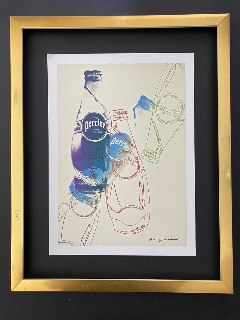 ANDY WARHOL | PERRIER ADVERTISING SIGNED VINTAGE PRINT | MOUNTED AND FRAMED!: ANDY WARHOL " PERRIER ADVERTISING" 1980'S VINTAGE PRINT SIGNED IN INK HIGH QUALITY BOOK PLATE VERY GOOD CONDITION WITH EXPECTED HANDLING, CREASING AND TONING FOR A VINTAGE PRINT OF 1980'S MATTED AND B