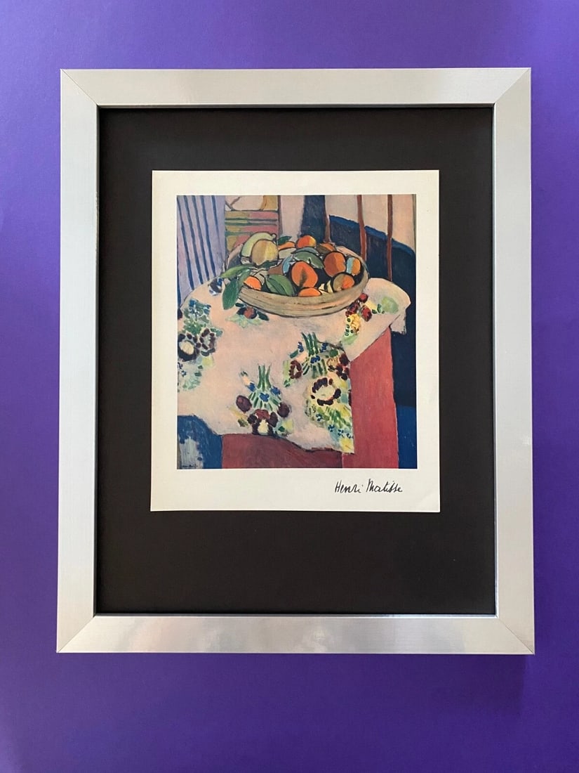 HENRI MATISSE + VINTAGE 1948 BEAUTIFUL SIGNED PRINT + FRAMED: This is Colorful Original 1948 Print HENRI MATISSE FACSIMILE SIGNED IN INK Mounted in an acid free black board and Framed covering an area of 15x2 in. Art Print is about 9x8 in. Printed in Beautiful P