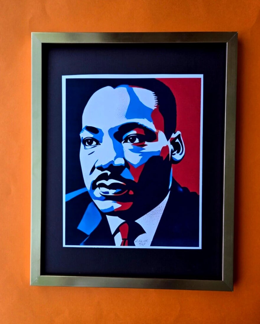 AIDAN FLUX Hand Signed Authentic Print 14x11in. Framed Martin Luther King | COA: This is a one-of-a-kind Hand Signed Authentic Giclee by AIDAN FLUX. From his Series "American Icons" The artist has created a stunning piece of art that features a powerful message about women's empow