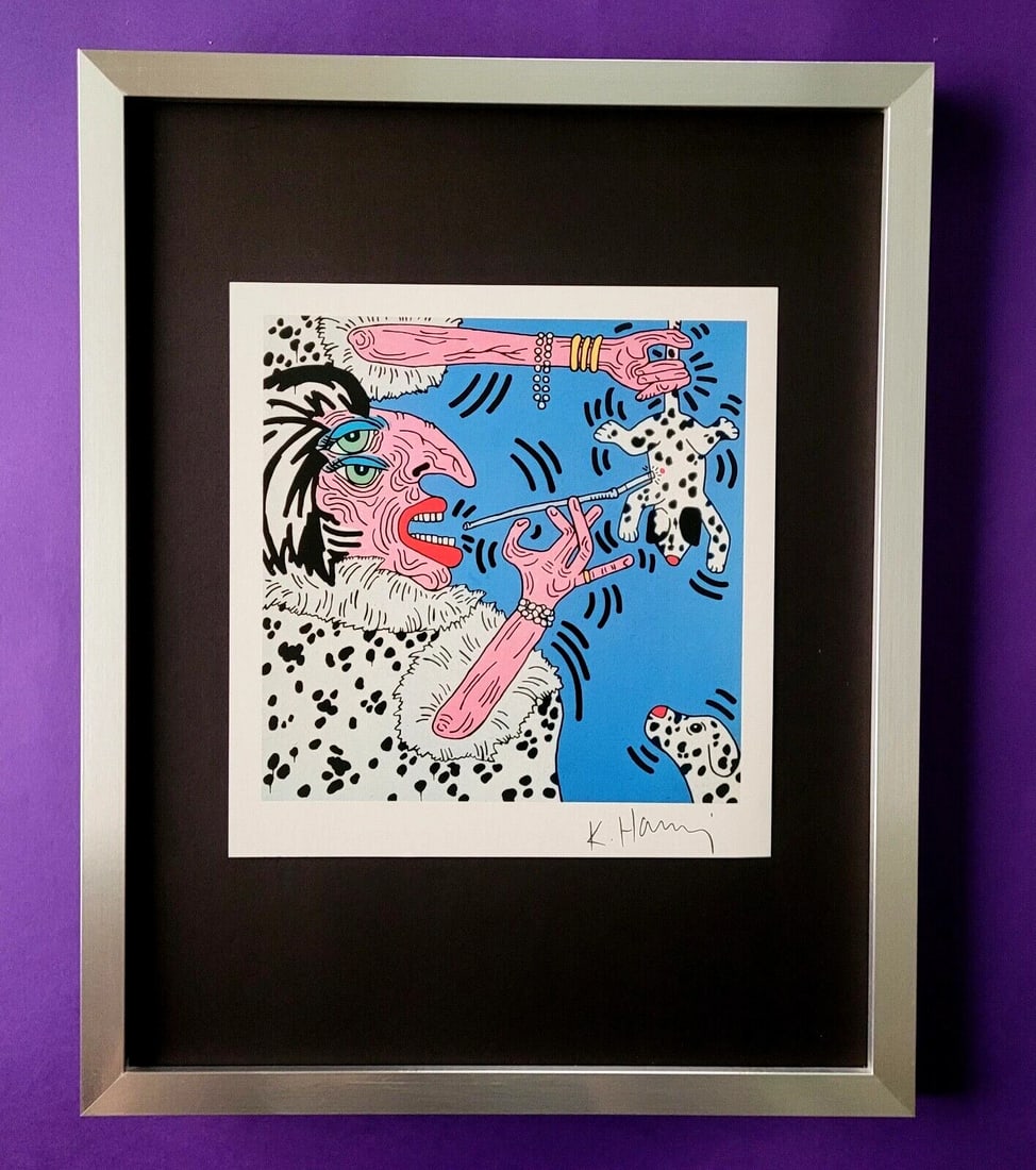 Keith Haring | Vintage Print Signed | Mounted & Framed in Silver: Up for Auction this Beautiful and Scarce Vintage 1989 Offset Lithograph after Keith Haring Facsimile Signed Art Print is about 8 X 8 in. This piece is mounted on a 11 x 14 in. black acid free black
