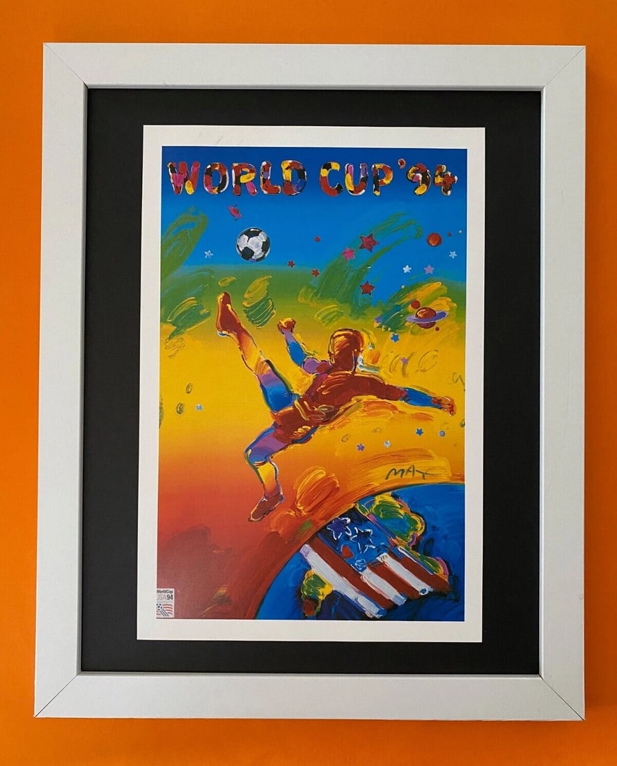 PETER MAX | AWESOME | 1990'S SIGNED PRINT | USA SOCCER WORLD CUP | NEW FRAME: We have for Sale this Print After PETER MAX AWESOME PRINT ON GLOSSY PAPER SIGNED ON THE PLATE FULL OF COLOR PRINT SIZE OF THE PRINT IS ABOUT : 11 X 8 in FRAME COVERS AN AREA OVER 16 X 13 in MOUNTED