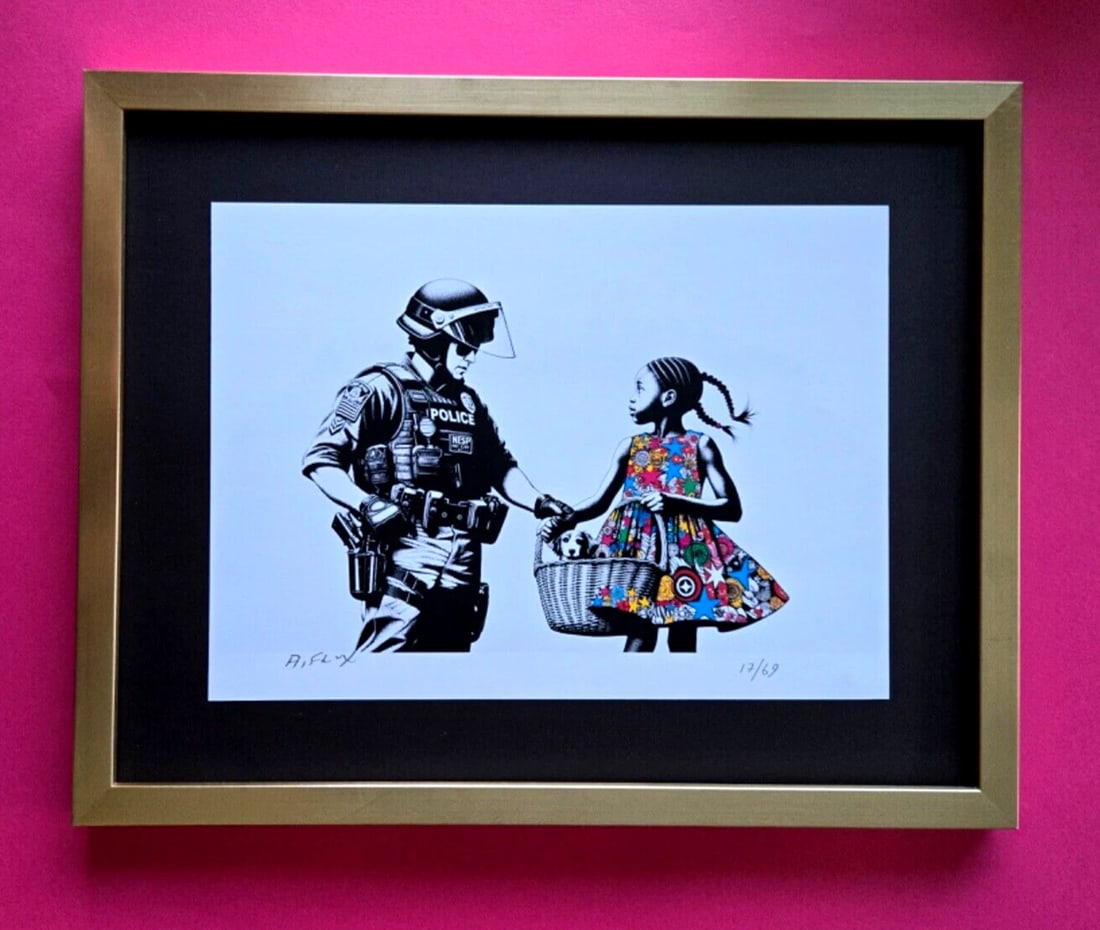 AIDAN FLUX Hand Signed Authentic LtdED Print Framed Banksy Police and Girl COA: This is a one-of-a-kind Hand Signed Authentic Giclee by AIDAN FLUX. From his Series " Universal Icons" The artist has created a stunning piece of art that features a powerful message about women's