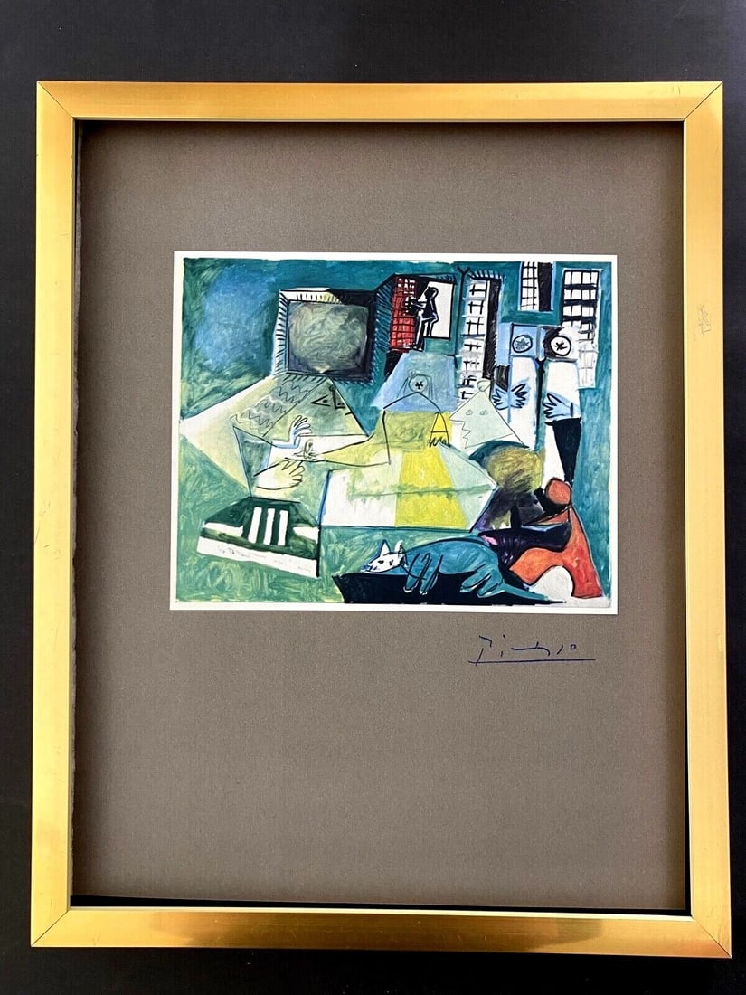 PABLO PICASSO+ ORIGINAL 1969 + SIGNED + HAND TIPPED COLOR PLATE + FRAMED: Beautiful and Scarce Original 1969 Hand Tipped Color Plate After PABLO PICASSO " The Maids of Honor " FACSIMILE SIGNATURE IN BLUE INK Art Print is about 6 X 7 1/2 in. PABLO PICASSO 1969 COLOR PLATE
