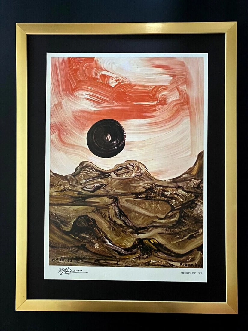 DAVID ALFARO SIQUEIROS | SIGNED LIMITED EDITION FRAMED PRINT FROM MEXICO: DAVID ALFARO SIQUEIROS "MUERTE DEL SOL" 1965 VINTAGE PRINT FACSIMILE SIGNED IN INK ALSO TITLED THIS IS A HIGH QUALITY COLOR PLATE IN GLOSSY PAPER PUBLISHED BY GALERIA MISRACHI IN MEXICO CITY IN A