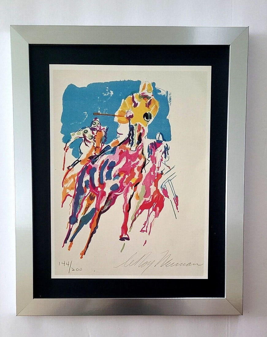 LeRoy Neiman " THE RACE " Signed Pop Art MCollector Piece Framed: Beautiful and Scarce Original 1991 Print After Leroy Neiman " THE RACE " Signed on the Plate This piece is mounted on a 11 x 14 in. black acid free premium black board. Framed covers an area of 15x12i