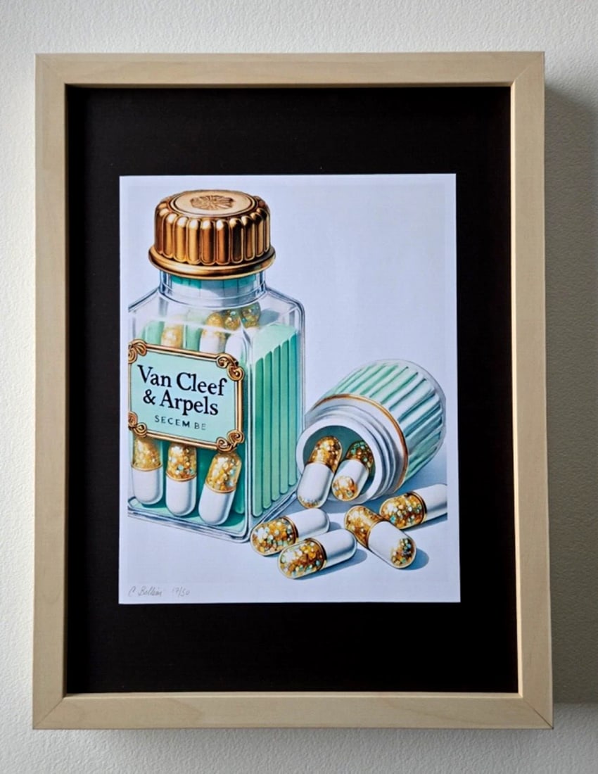 Chiara Bellini + " Luxury Comfort Pills" Original Hand Signed Print Only 50 COA: Van Cleef Comfort Pills by Chiara Bellini Series: Shopping Therapy Artist: Chiara Bellini Title: Chanel Comfort Pills Edition: Limited edition of 50 Size: 17x13in Framed Medium: Giclée print on high-