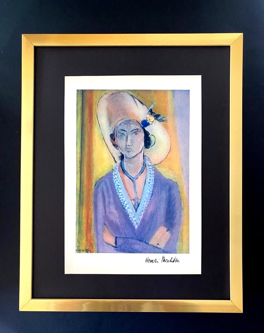 HENRI MATISSE + VINTAGE 1948 LADY WITH HAT SIGNED PRINT + FRAMED: This is Colorful Original 1948 Print After HENRI MATISSE FACSIMILE SIGNED IN INK Mounted in an acid free black board and Framed covering an area of 15x2 in. Art Print is about 9x8 in. Printed in