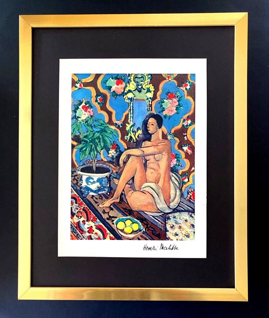 HENRI MATISSE + VINTAGE 1948 FIGURE ODALISQUE SIGNED PRINT + FRAMED: This is Colorful Original 1948 Print After HENRI MATISSE FACSIMILE SIGNED IN INK Mounted in an acid free black board and Framed covering an area of 15x2 in. Art Print is about 9x8 in. Printed in