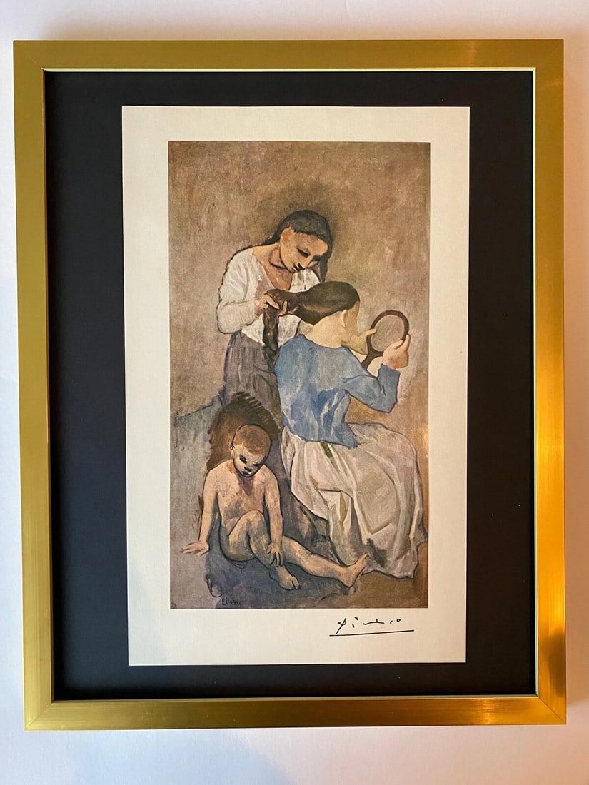 PABLO PICASSO+ ORIGINAL 1954 + SIGNED + HAND TIPPED COLOR PLATE + FRAMED: Beautiful and Scarce Original 1954 Hand Tipped Color Plate After PABLO PICASSO " The Braid " FACSIMILE SIGNATURE IN INK Art Print is about 12 X in. PABLO PICASSO 1954 COLOR PLATE HAND TIPPED OVER
