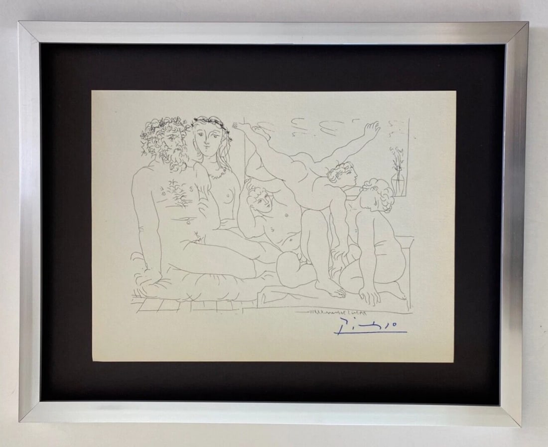 PABLO PICASSO +1955 SIGNED SUPERB ARTISTIC FIGURES PRINT FRAMED: This is a Beautiful and Scarce Original 1955 Print by PABLO PICASSO FACSIMILE INK SIGNED from His Etchings and Lithographs Collection Mounted in a 11x14 board and Framed This is a 1955 Print in Paper.