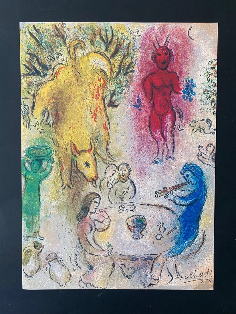MARC CHAGALL + 1977 BEAUTIFUL SIGNED PRINT: This is a Beautiful 1977 Offset Lithographic Print After MARC CHAGALL " Daphnis and Chloe" FACSIMILE SIGNED IN INK Size is about 12 1/2 X 9 1/2 in. Printed in Paper after this Iconic Artwork by Mr.
