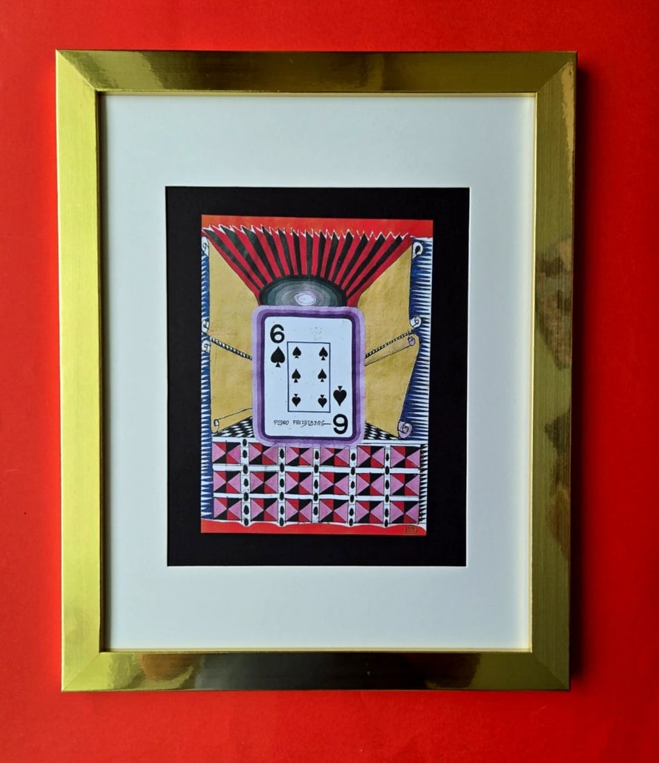 Pedro Friedeberg – “THE SACRED CARD ?? | Surrealist Symbolic Signed Print: We have for Sale this PEDRO FRIEDEBERG AWESOME PRINT ON PAPER " THE SACRED CARD " FACSIMILE SIGNED FULL OF COLOR PRINT SIZE OF THE PRINT: 7 X 5 in FRAME COVERS AN AREA OF 15 X 12 in MOUNTED AND FRAMED
