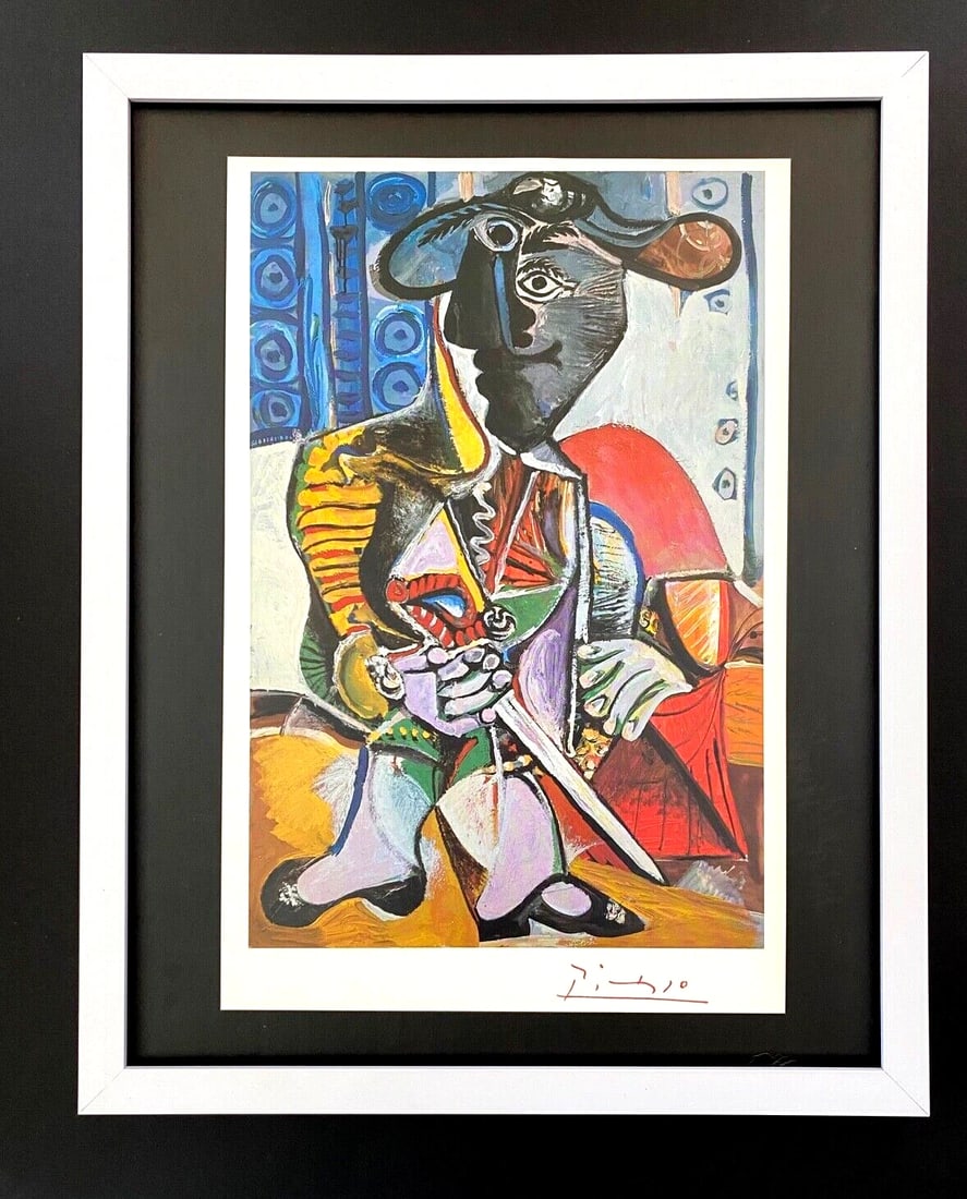 PABLO PICASSO + 1972 SIGNED VINTAGE TORERO PRINT WITH NEW FRAME: This is a Beautiful and Scarce 1972 Print after PABLO PICASSO " TORERO " with Facsimile Signature in ink from his Final Paintings Collection Mounted in an acid free black board and Framed covering an