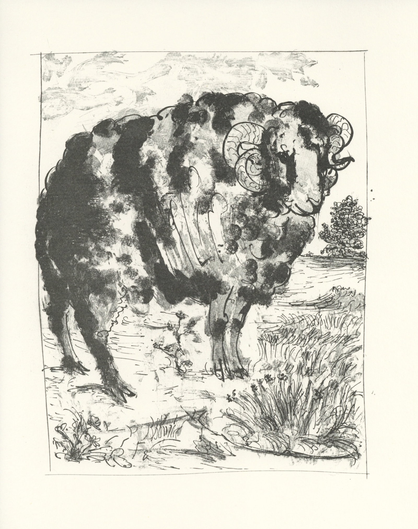 Pablo Picasso "Le Belier" The Ram | Buffon: Medium: offset lithograph (after the etching). Printed on velin bouffant paper from the Papeteries Casteljoux and published in France by Edito-Service Geneve c. 1970. This reproduces one of the