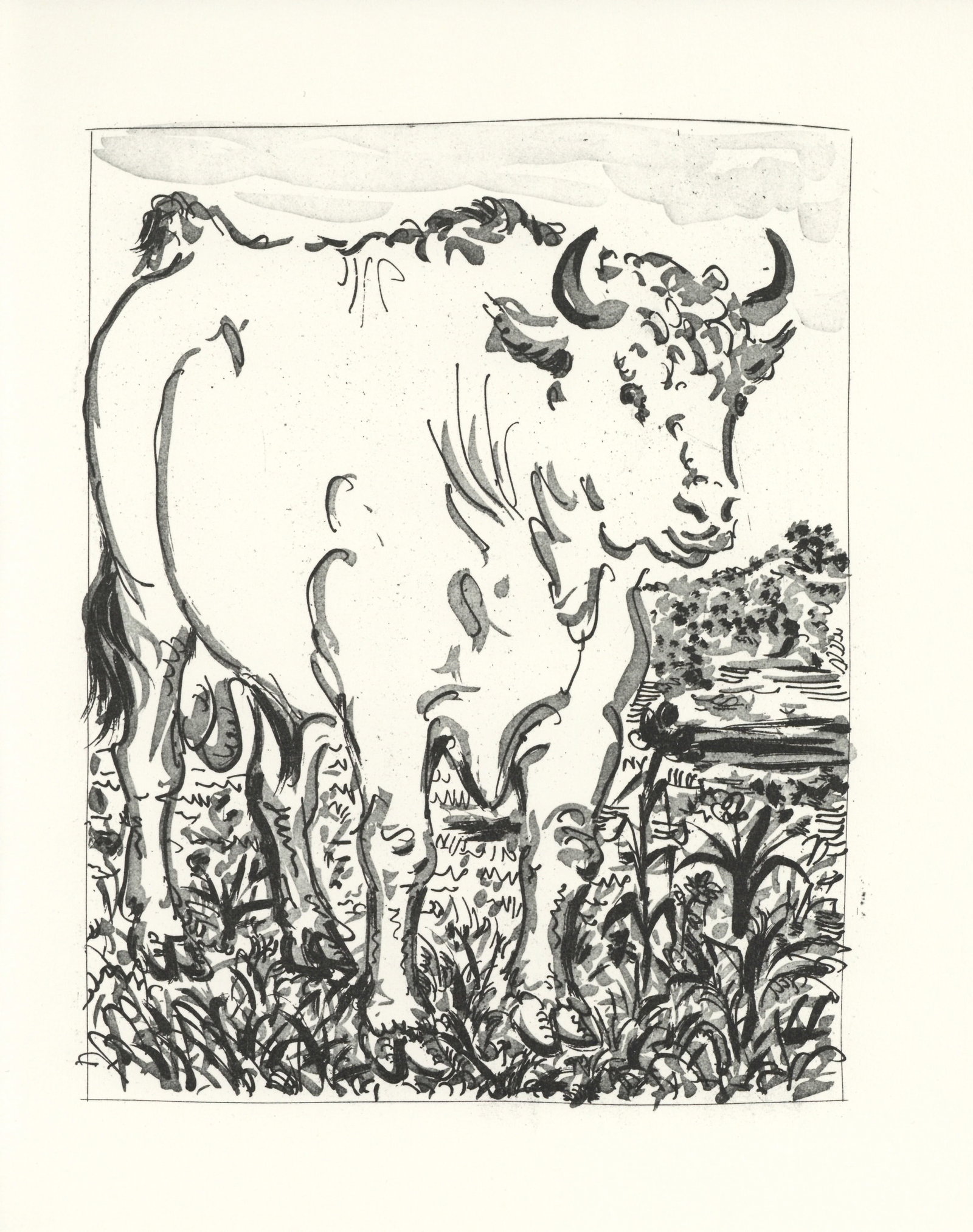 Pablo Picasso "Le Boeuf" The Cow | Buffon: Medium: offset lithograph (after the etching). Printed on velin bouffant paper from the Papeteries Casteljoux and published in France by Edito-Service Geneve c. 1970. This reproduces one of the