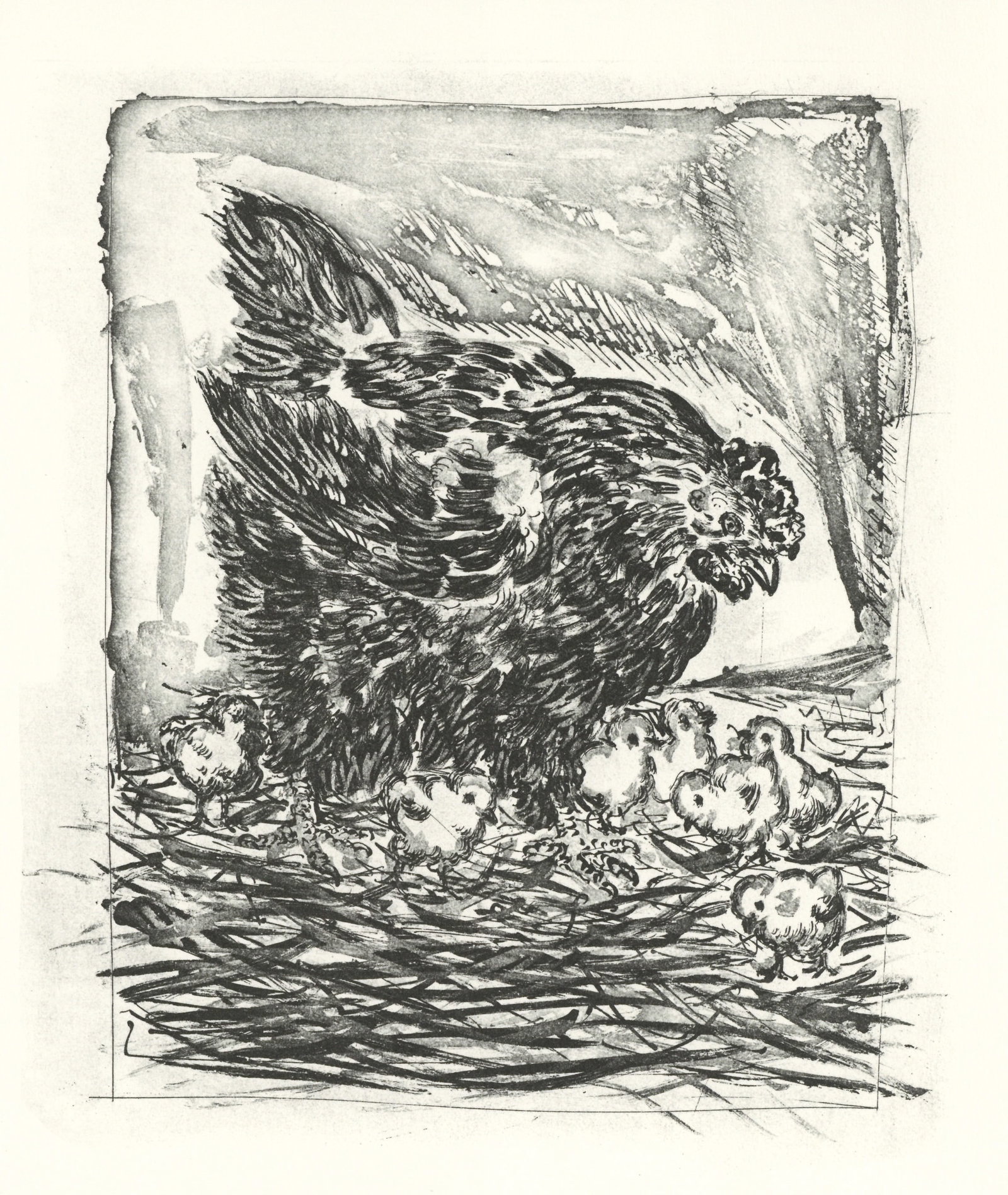 Pablo Picasso "La Mere Poule" The Mother Hen | Buffon: Medium: offset lithograph (after the etching). Printed on velin bouffant paper from the Papeteries Casteljoux and published in France by Edito-Service Geneve c. 1970. This reproduces one of the