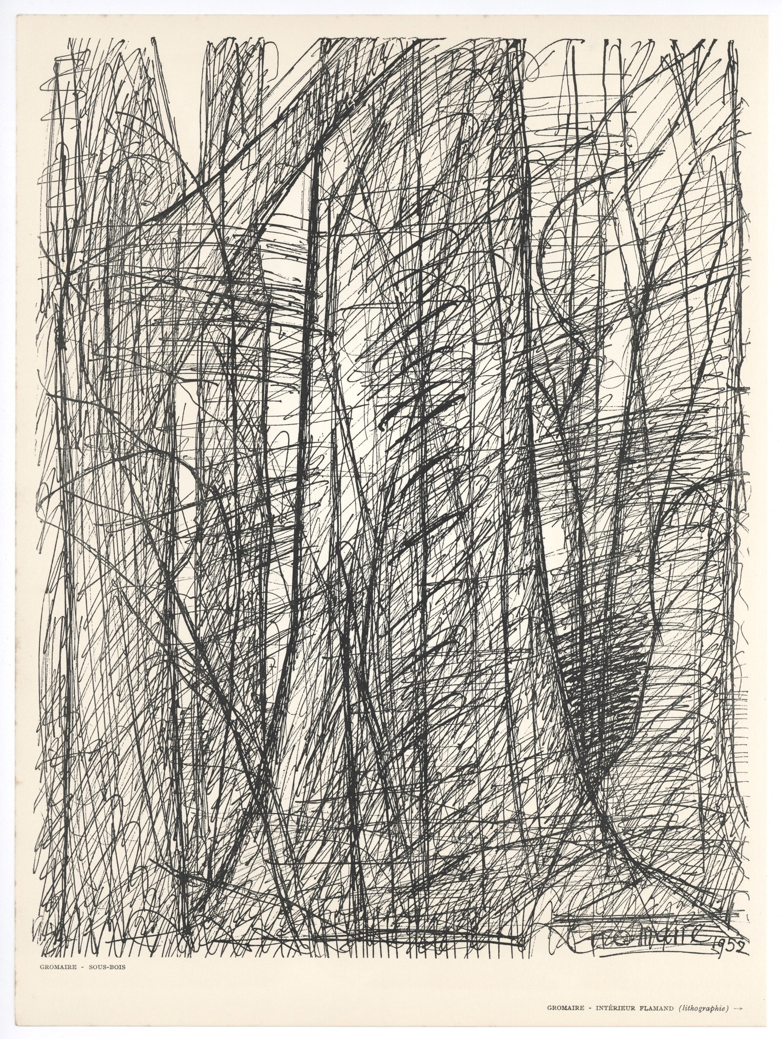 Marcel Gromaire lithograph "Sous-Bois": Medium: lithograph (after Gromaire). From the rare issue of Verve (Volume 7, Number 27-28), published in Paris by Teriade in 1952 and printed by Mourlot. Sheet size: 14 x 10 3/8 inches (353 x 263