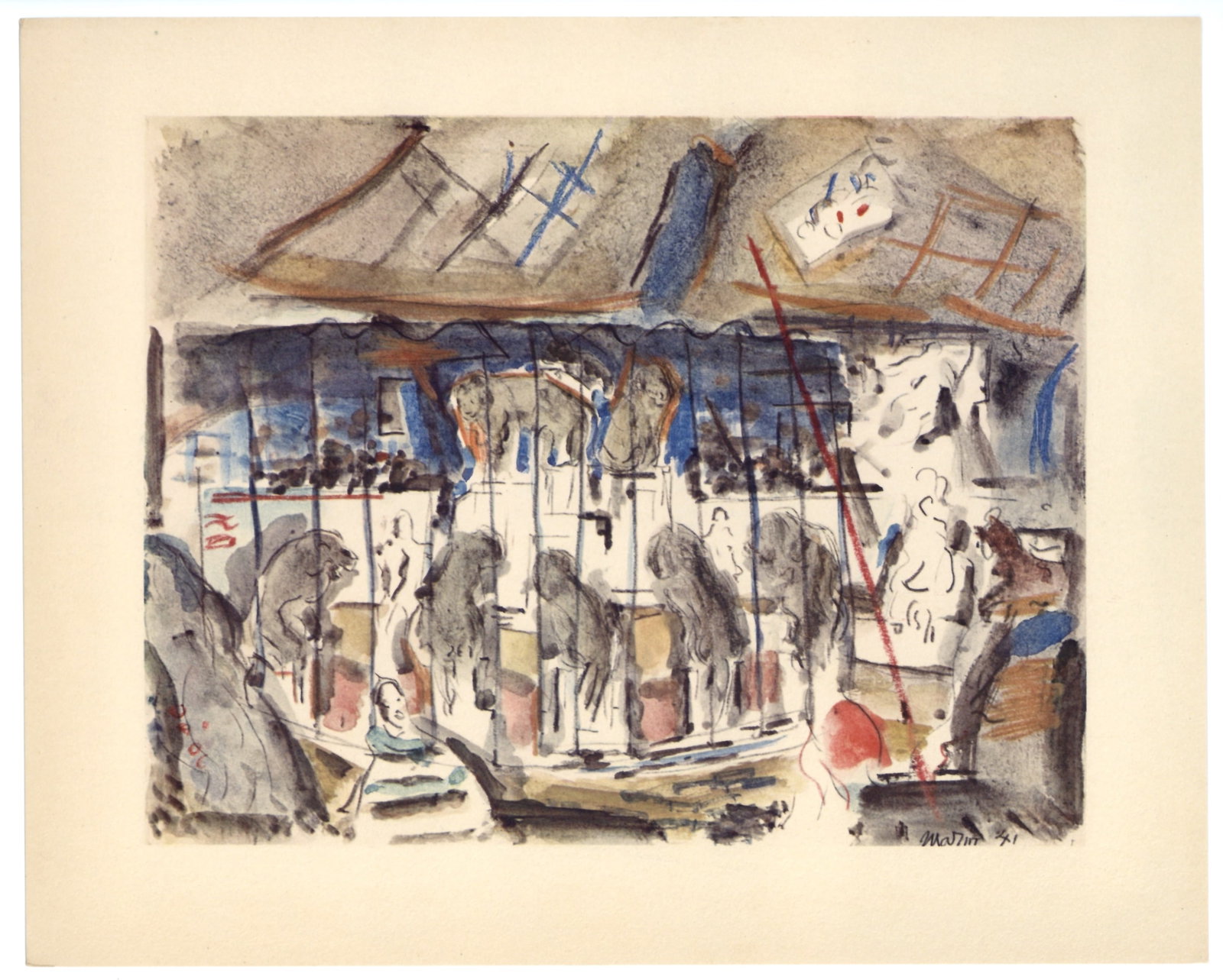 John Marin lithograph "The Lions, in the Ring": Medium: lithograph (after the watercolor). Issued in 1950 in a limited edition of 125. The image size is 7 3/4 x 10 inches; the full sheet measures 10 x 12 1/2 inches (253 x 317 mm). Signed in the