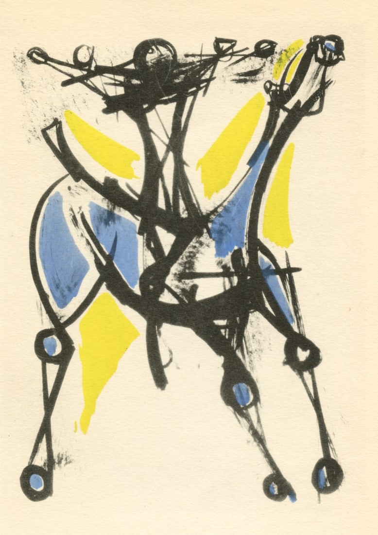 Marino Marini pochoir "Cavalier et cheval": Medium: pochoir (after the lithograph). Printed by the atelier of Daniel Jacomet, and published in Paris in 1955 by Heinz Berggruen. The image measures 5 1/4 x 3 3/4 inches (135 x 100 mm). Not