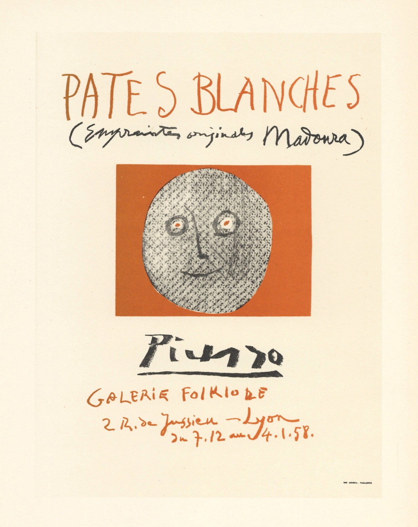 Pablo Picasso lithograph poster "Pates Blanches": Medium: lithograph (after the original lithograph poster). During the late 1940's and throughout the 1950's, Picasso created a series of posters at the atelier of Mourlot Freres. The lithograph