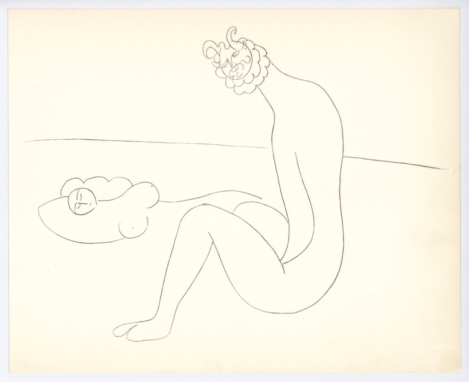 Pablo Picasso | Mythological Drawing, Antibes: Medium: offset lithograph (after the drawing). Printed in 1960 on cream laid paper and published in partnership with the Musee d'Antibes (also known as The Picasso Museum). Size: 9 1/4 x 11 1/2