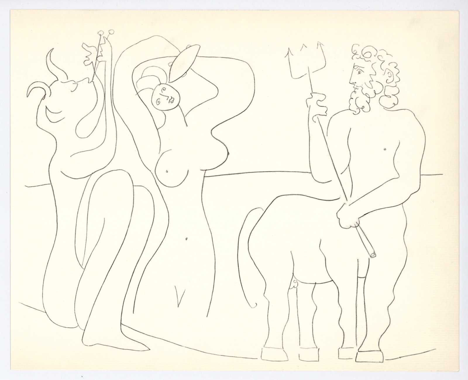 Pablo Picasso | Mythological Drawing, Antibes: Medium: offset lithograph (after the drawing). Printed in 1960 on cream laid paper and published in partnership with the Musee d'Antibes (also known as The Picasso Museum). Size: 9 1/4 x 11 1/2