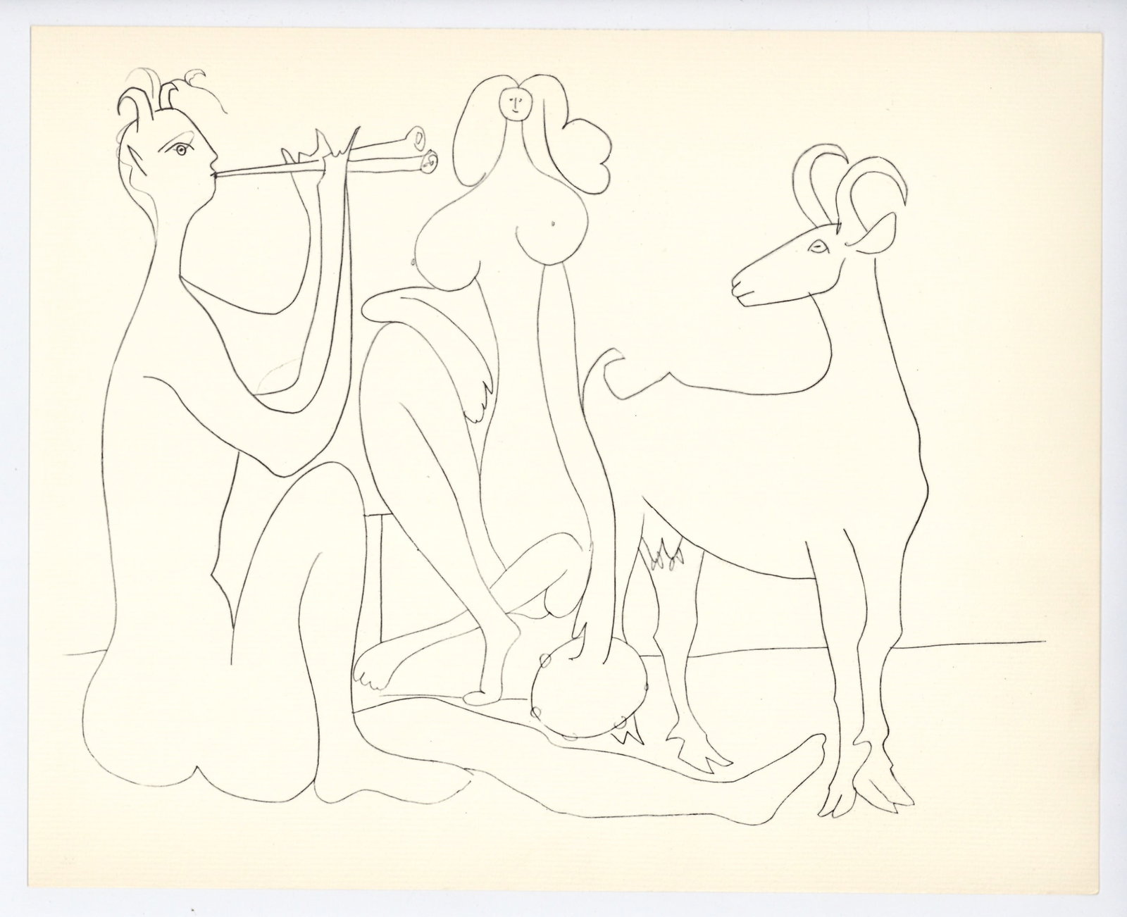 Pablo Picasso | Mythological Drawing, Antibes: Medium: offset lithograph (after the drawing). Printed in 1960 on cream laid paper and published in partnership with the Musee d'Antibes (also known as The Picasso Museum). Size: 9 1/4 x 11 1/2