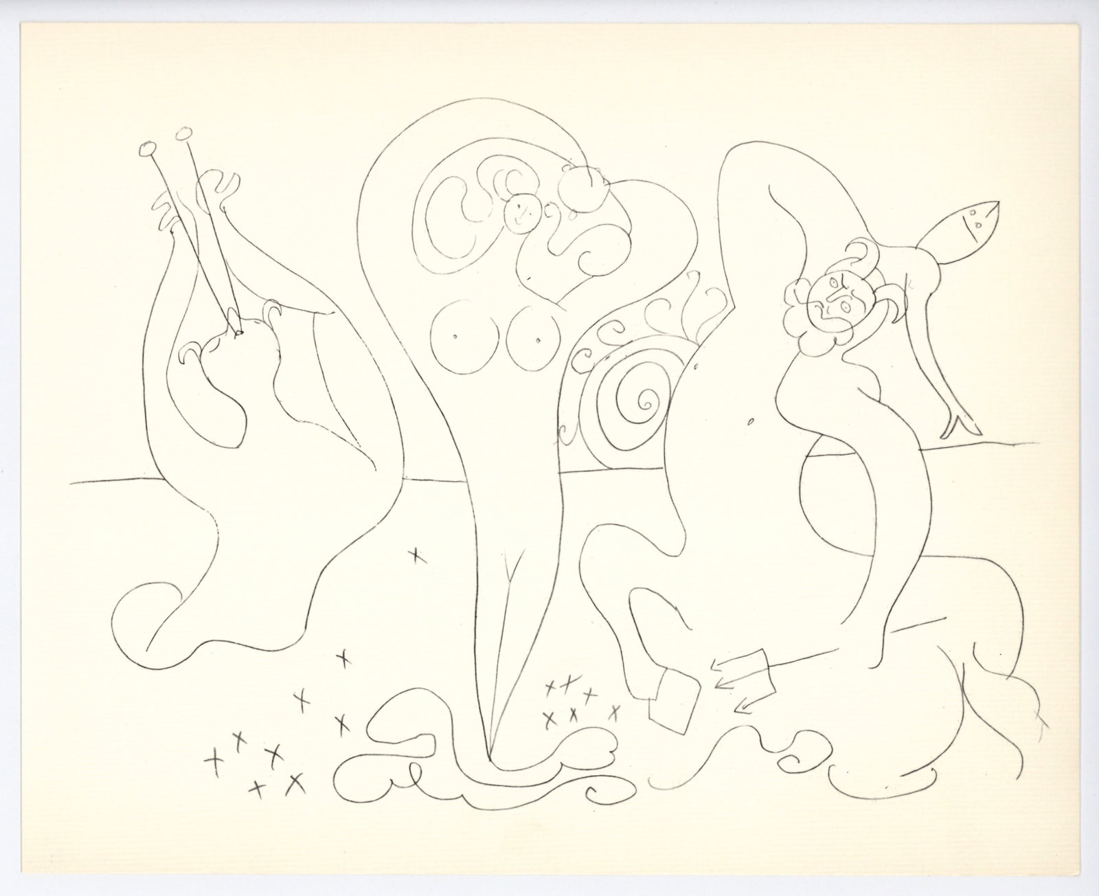 Pablo Picasso | Mythological Drawing, Antibes: Medium: offset lithograph (after the drawing). Printed in 1960 on cream laid paper and published in partnership with the Musee d'Antibes (also known as The Picasso Museum). Size: 9 1/4 x 11 1/2