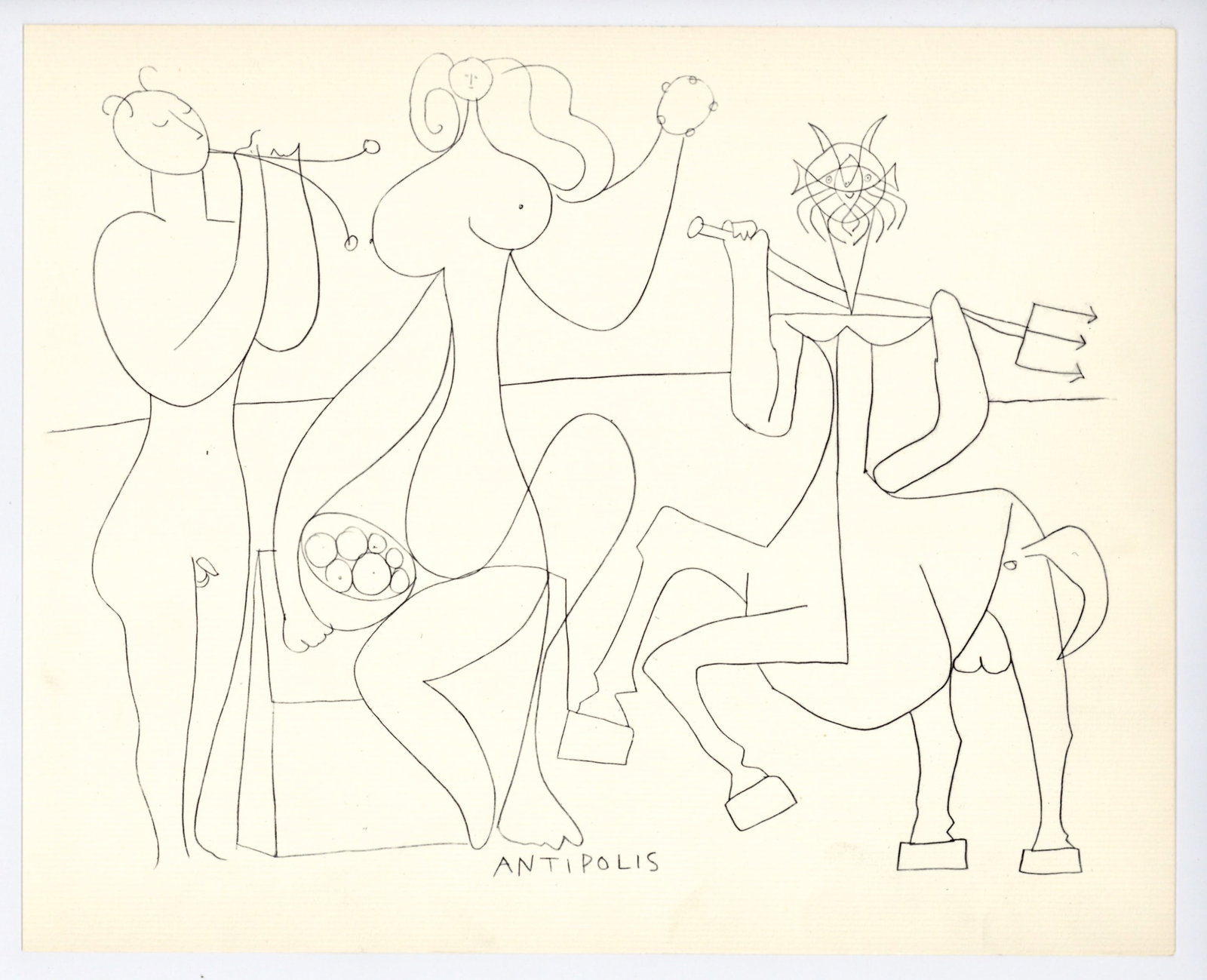 Pablo Picasso | Mythological Drawing, Antibes: Medium: offset lithograph (after the drawing). Printed in 1960 on cream laid paper and published in partnership with the Musee d'Antibes (also known as The Picasso Museum). Size: 9 1/4 x 11 1/2