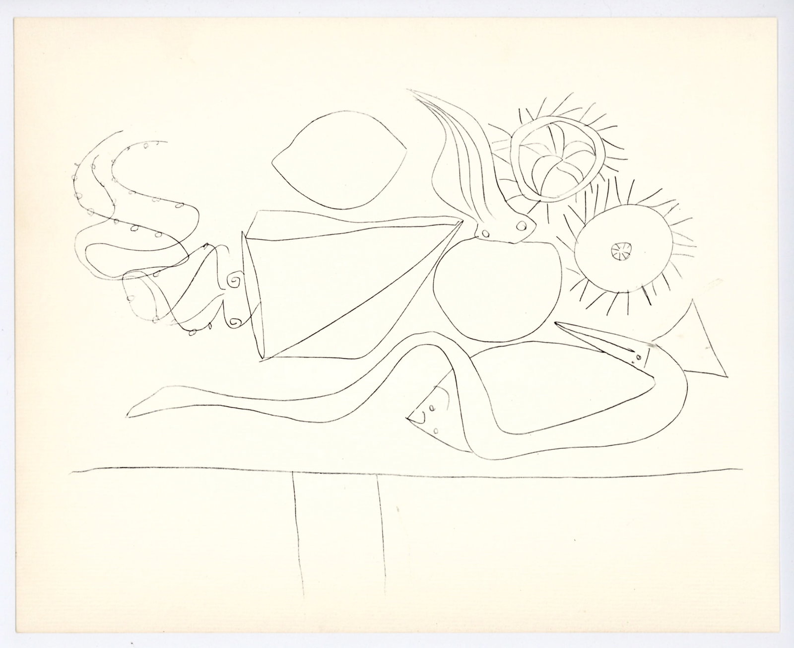 Pablo Picasso | Mythological Drawing, Antibes: Medium: offset lithograph (after the drawing). Printed in 1960 on cream laid paper and published in partnership with the Musee d'Antibes (also known as The Picasso Museum). Size: 9 1/4 x 11 1/2