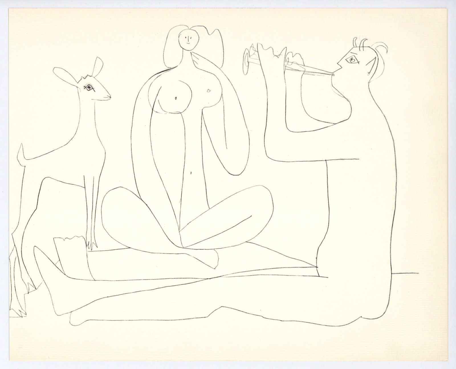 Pablo Picasso | Mythological Drawing, Antibes: Medium: offset lithograph (after the drawing). Printed in 1960 on cream laid paper and published in partnership with the Musee d'Antibes (also known as The Picasso Museum). Size: 9 1/4 x 11 1/2