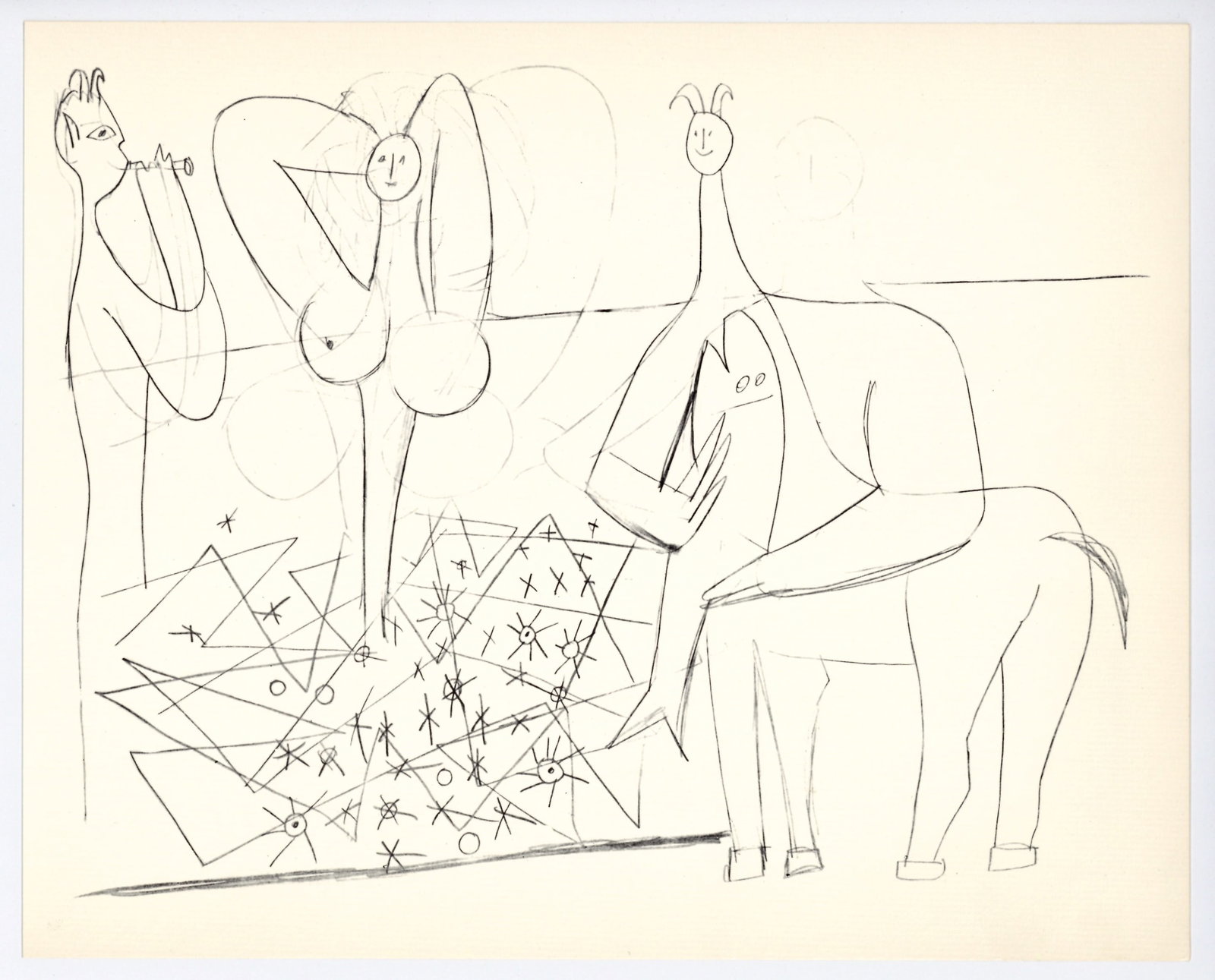 Pablo Picasso | Mythological Drawing, Antibes: Medium: offset lithograph (after the drawing). Printed in 1960 on cream laid paper and published in partnership with the Musee d'Antibes (also known as The Picasso Museum). Size: 9 1/4 x 11 1/2