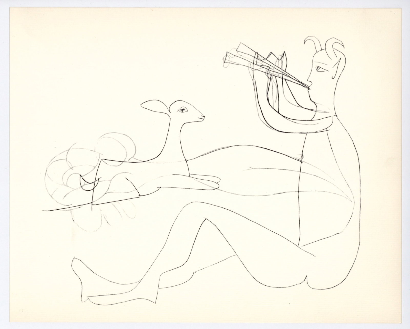 Pablo Picasso | Mythological Drawing, Antibes: Medium: offset lithograph (after the drawing). Printed in 1960 on cream laid paper and published in partnership with the Musee d'Antibes (also known as The Picasso Museum). Size: 9 1/4 x 11 1/2