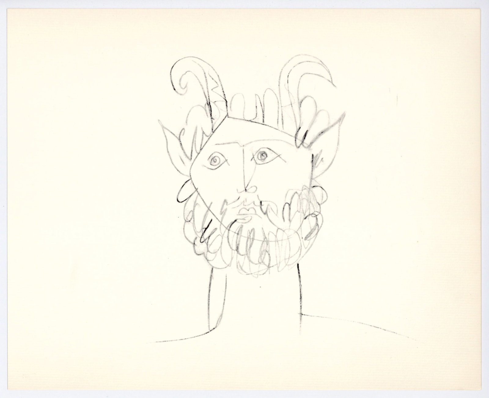 Pablo Picasso | Mythological Drawing, Antibes: Medium: offset lithograph (after the drawing). Printed in 1960 on cream laid paper and published in partnership with the Musee d'Antibes (also known as The Picasso Museum). Size: 9 1/4 x 11 1/2