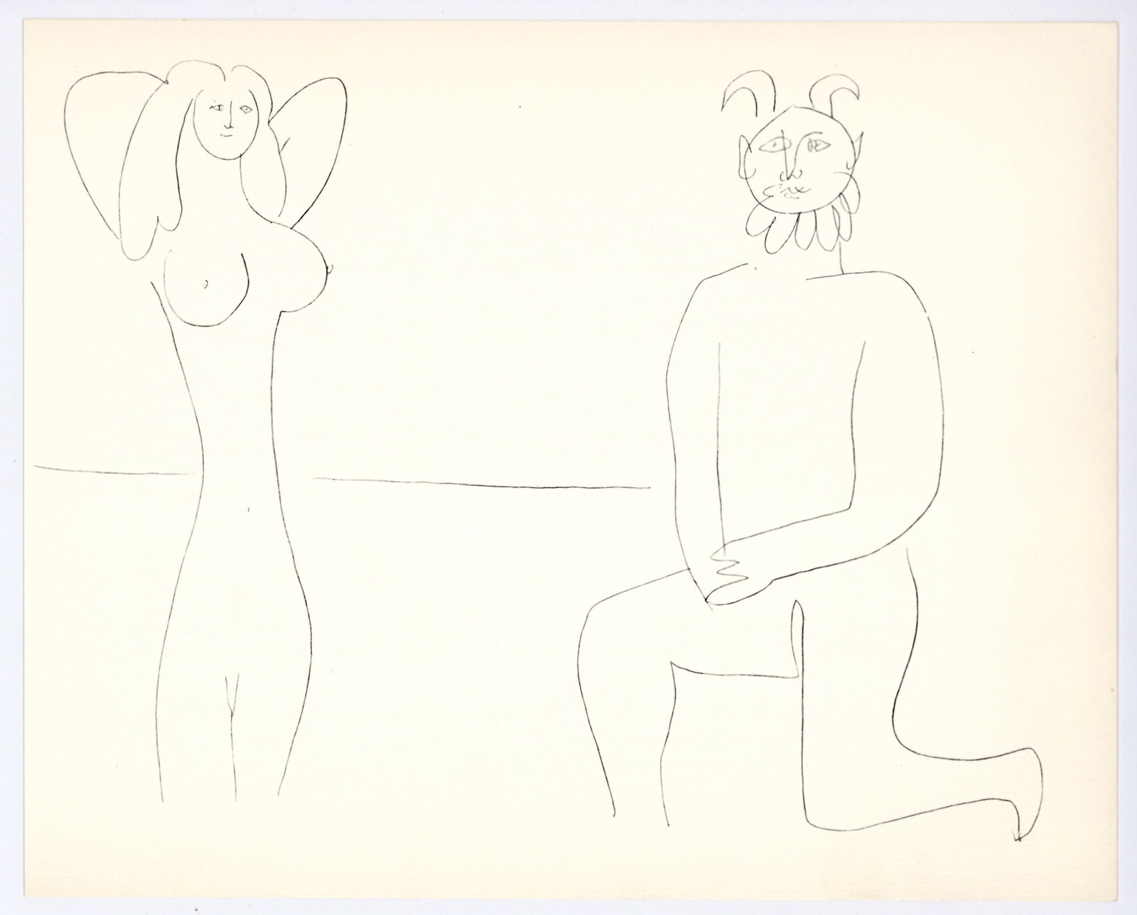 Pablo Picasso | Mythological Drawing, Antibes: Medium: offset lithograph (after the drawing). Printed in 1960 on cream laid paper and published in partnership with the Musee d'Antibes (also known as The Picasso Museum). Size: 9 1/4 x 11 1/2